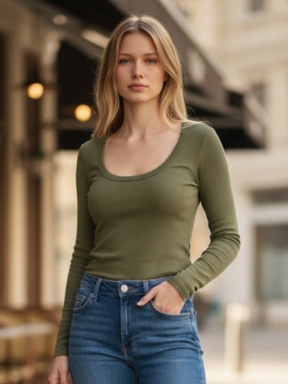 Old Navy Olive Green Scoop-Neck Long Sleeve Top